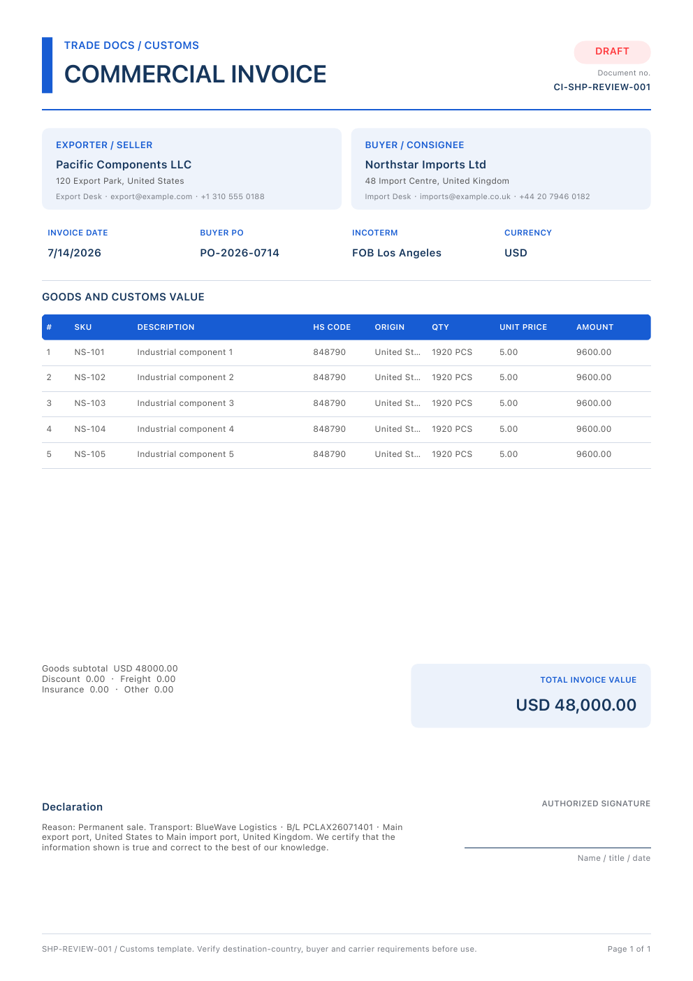 Professional commercial invoice preview